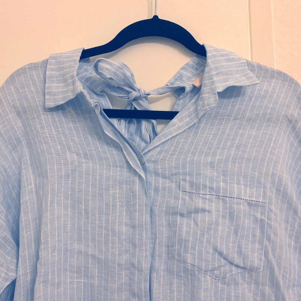 French linen crinkle blue & white stripe shirt